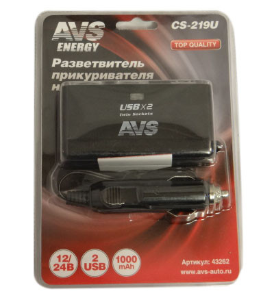 Прикуриватель розетка 2 гнезда+2USB с подсветкой AVS CS219U