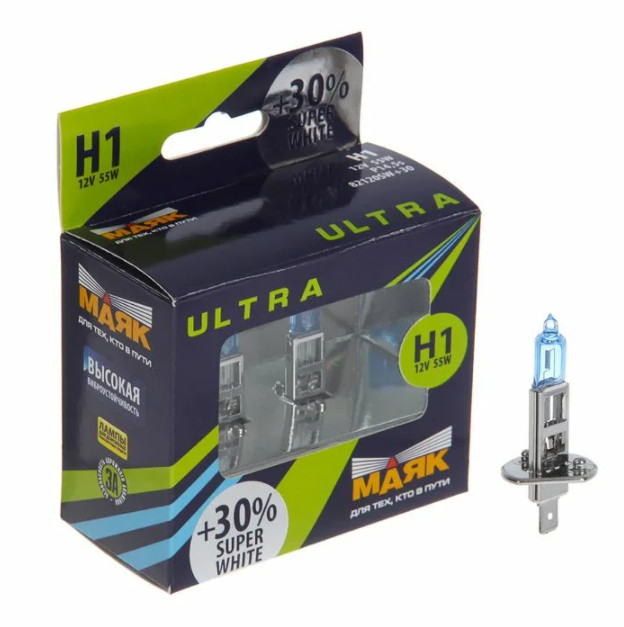 Лампа H1 55W Маяк к-кт 2 шт (Super White, +30%) света 82120SW30NEW