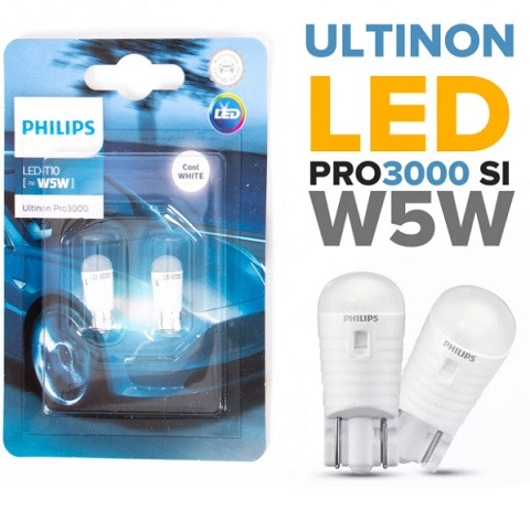 Лампа W5W 12V диодная (к-кт 2шт) UltinonPro3000 T10LED 6000K Philips 11961U30CWB2