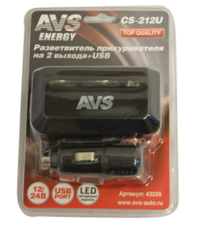 Прикуриватель розетка 2 гнезда+USB с подсветкой AVS CS212U